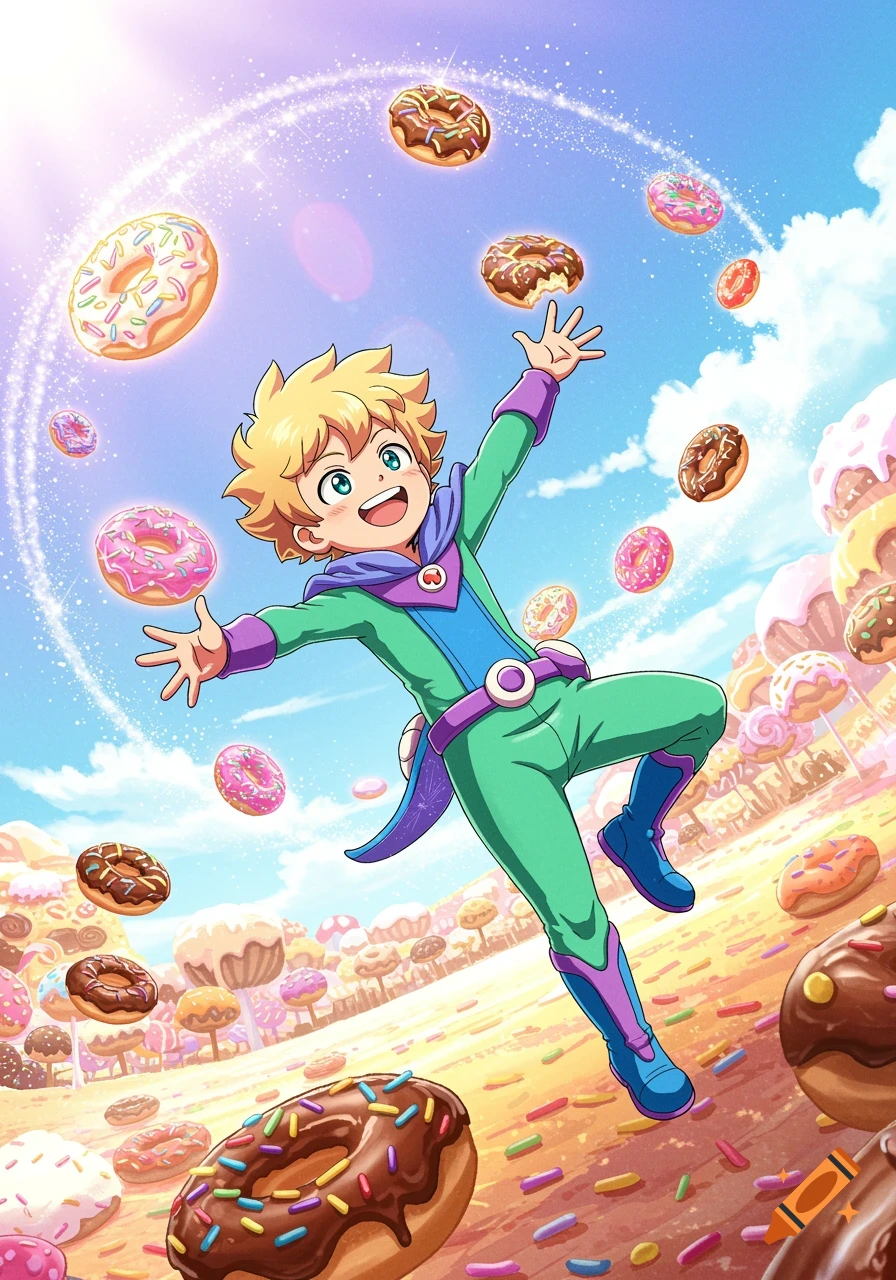 An anime-style boy in a green and purple costume happily floats amidst colorful donuts in a magical candy land.