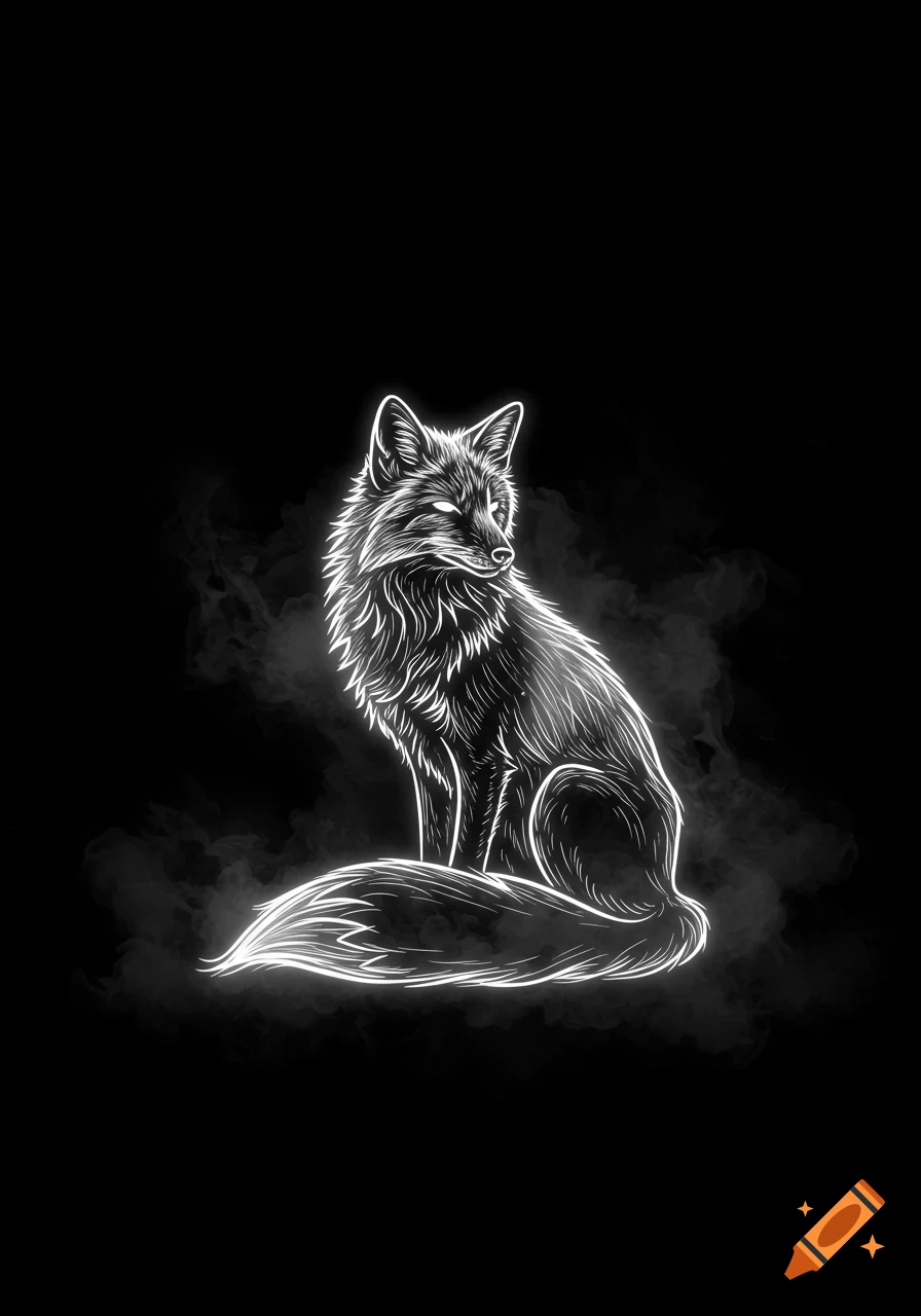 A stylized white outline of a sitting fox with glowing eyes and misty vapor on a black background.