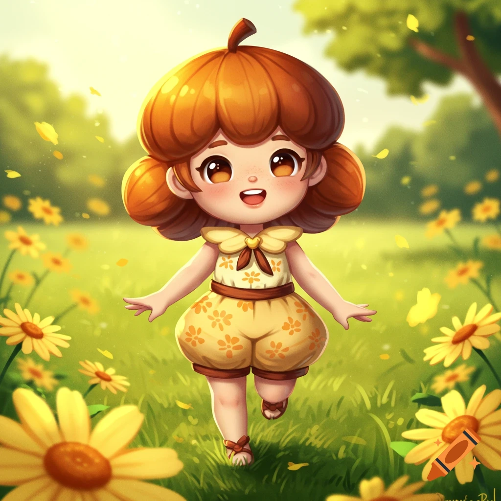 A cute cartoon girl with acorn-shaped brown hair, wearing a yellow dress, happily walks through a field of yellow flowers under a sunny sky.