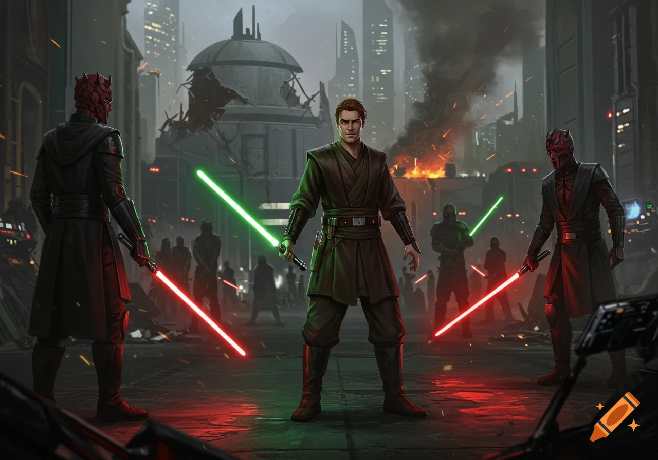 A Jedi wielding a green lightsaber confronts two Sith with red lightsabers in a ruined, burning futuristic city.