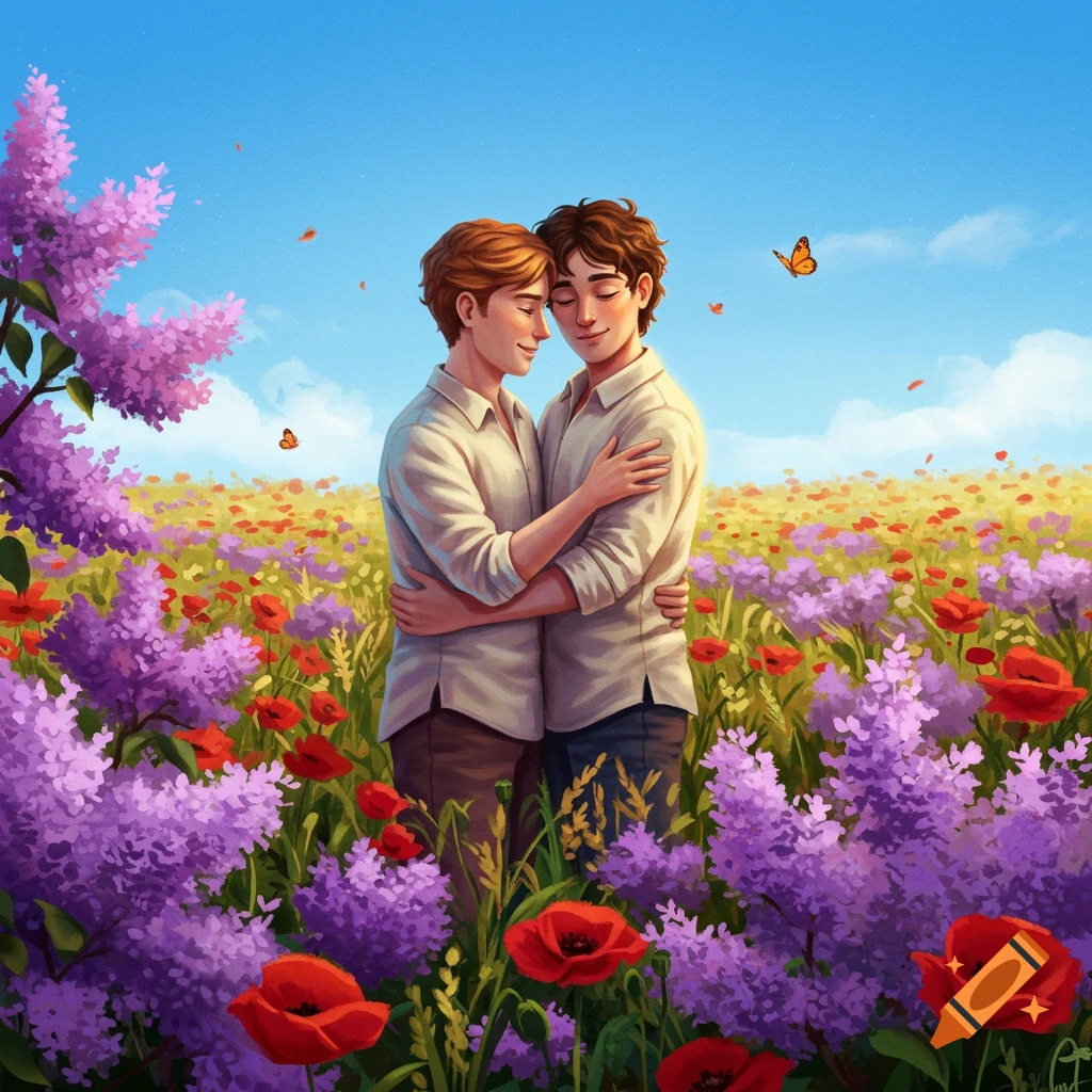 Two men embrace lovingly in a vibrant field filled with purple lilacs and red poppies under a bright blue sky, in a warm, illustrative style.