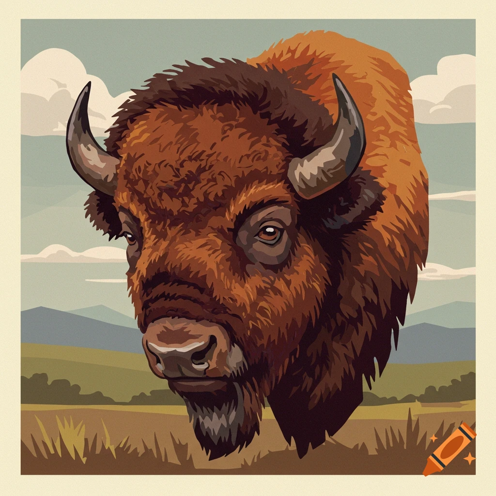 A stylized bison head in a 70s paint-by-number style, with a landscape background.