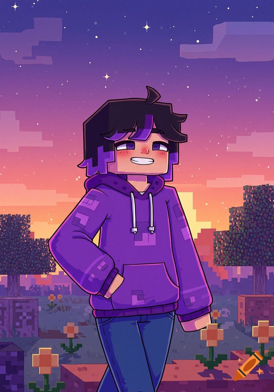 A cartoon person with dark hair and purple highlights in a purple hoodie and blue jeans stands smiling in a pixelated Minecraft-like landscape at sunset.