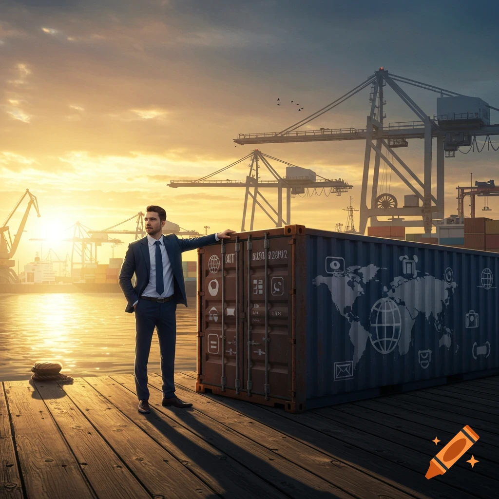 Photorealistic image of a businessman in a suit leaning on a shipping container at a busy port during sunset, with cranes and water.