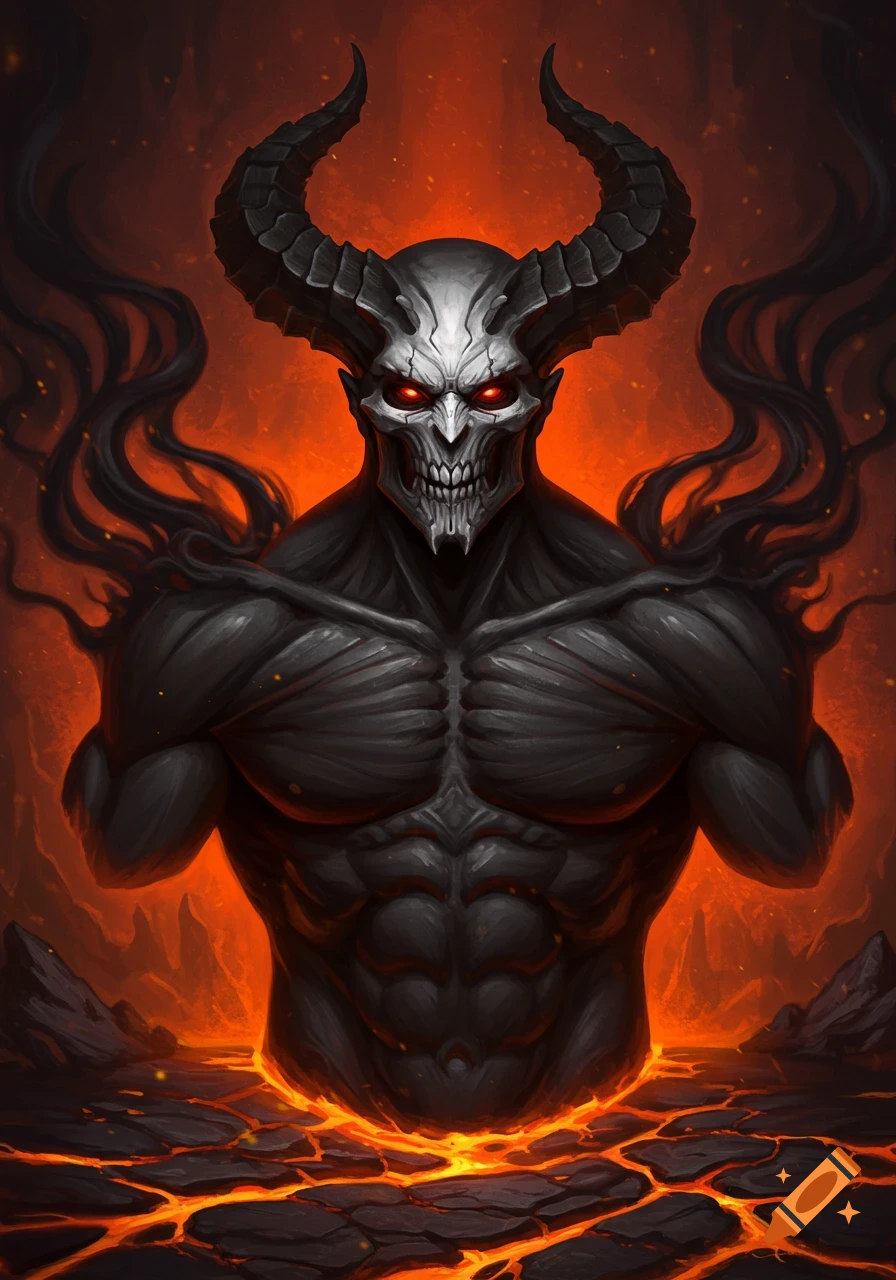 Demonic creature with a skull face and large horns, muscular dark body, rising from cracked lava in a fiery, hellish landscape.