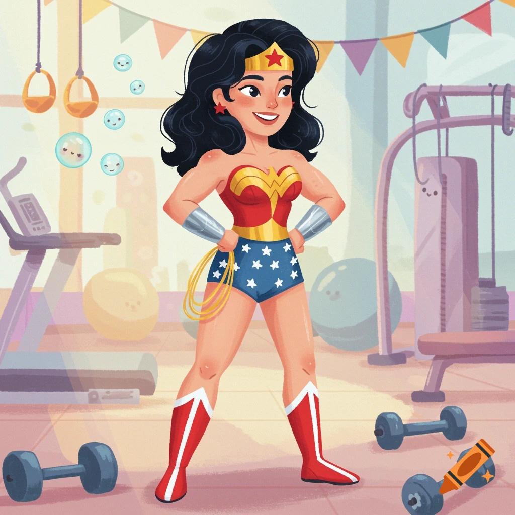 Wonder Woman, in children's book style, confidently flexes her muscles in a colorful gym.