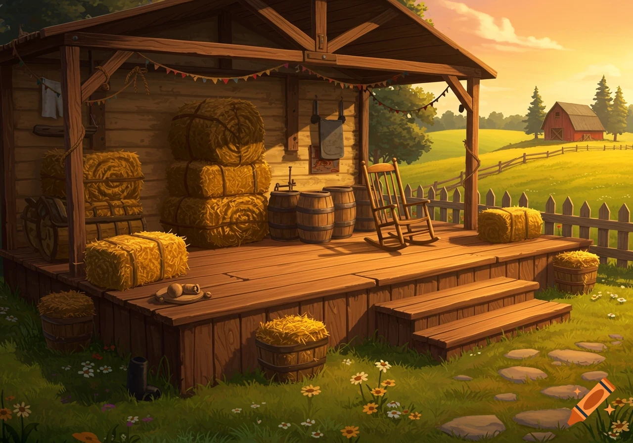 Stylized illustration of a rustic farm porch with hay bales, barrels, and a rocking chair, overlooking a green field with a red barn at sunset.