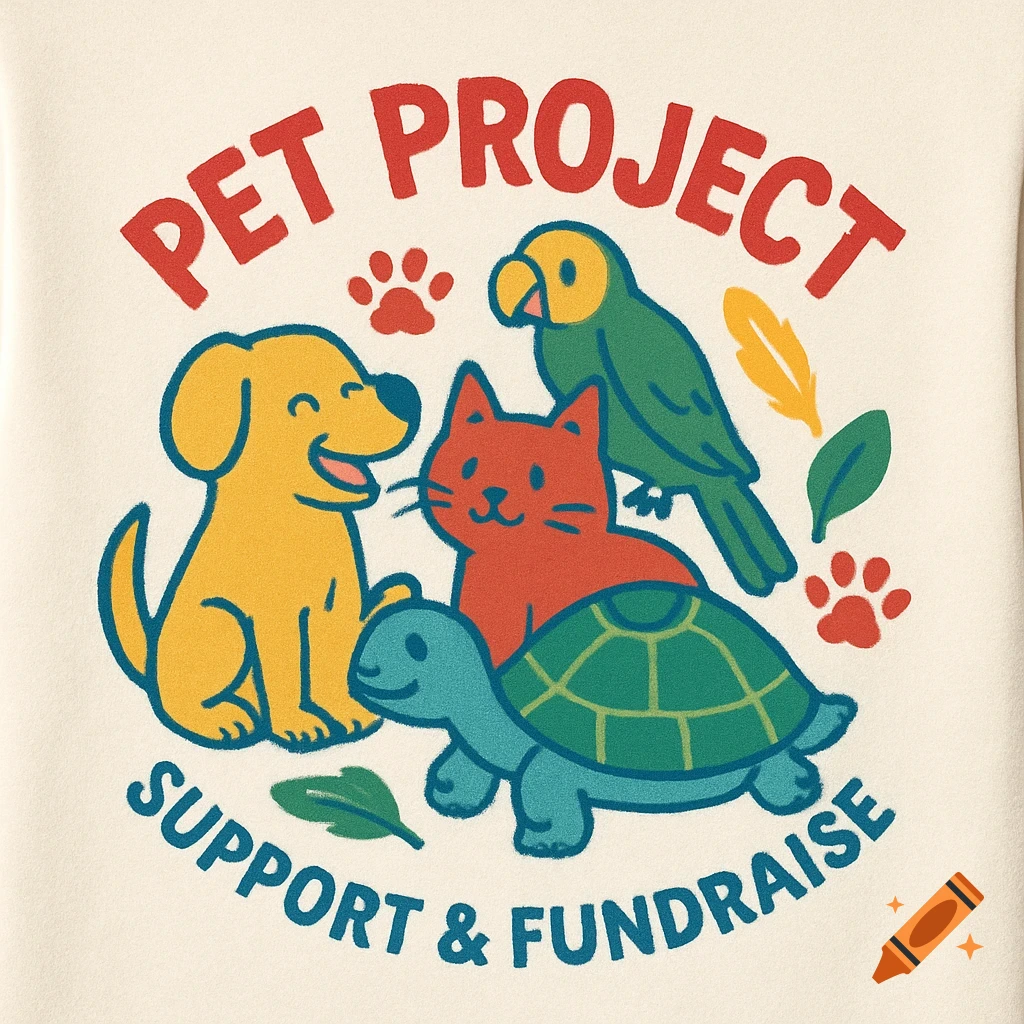 Cartoon T-shirt design with a yellow dog, red cat, blue turtle, and green parrot, with text 'PET PROJECT' and 'SUPPORT & FUNDRAISE'.
