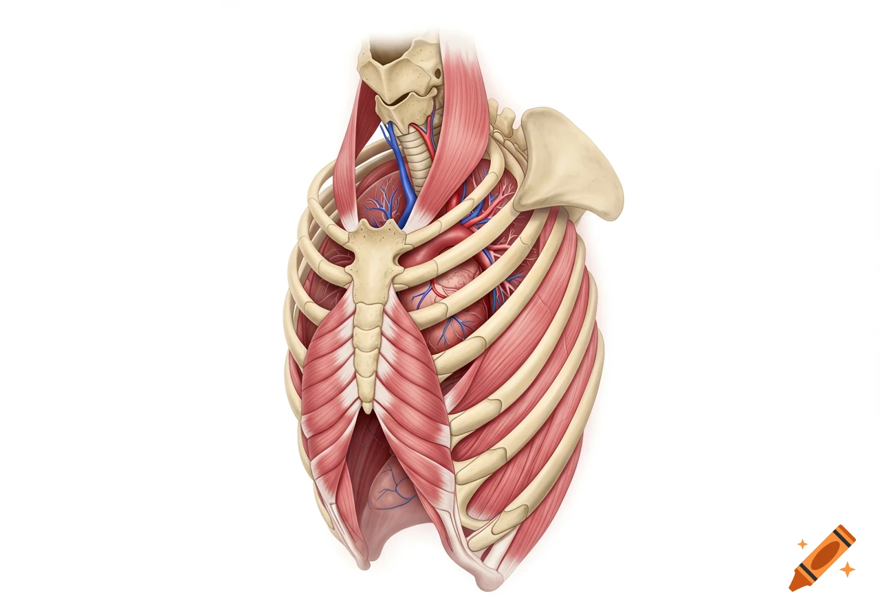 Detailed anatomical illustration of a mammalian thorax, showing the rib cage, muscles, heart, lungs, and blood vessels.