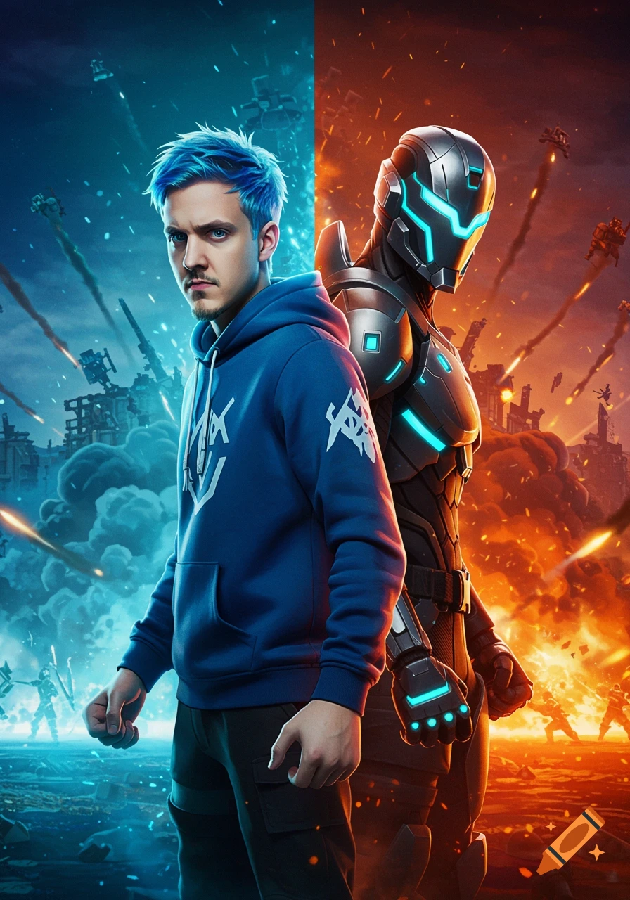 A man with blue hair in a hoodie stands back-to-back with a futuristic armored warrior, divided by contrasting blue and orange battle scenes.