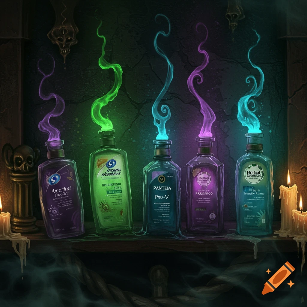 Five ornate, potion-like shampoo bottles glow with mystical fumes in a dark, sinister apothecary setting with skulls and candles. The bottles are Head & Shoulders, Pantene, Herbal Essences, and similar brands.