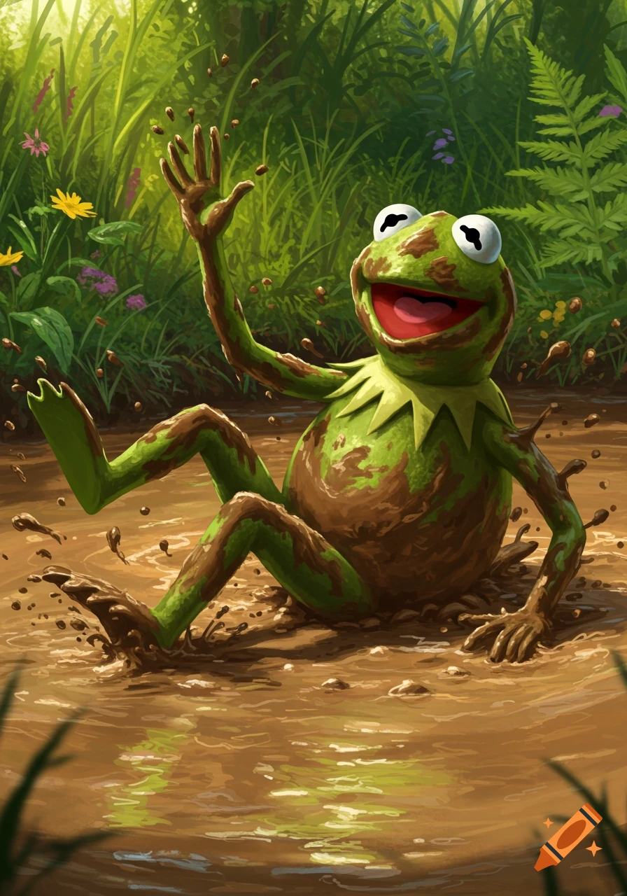 Kermit the Frog, covered in mud, splashes and laughs in a muddy puddle amidst vibrant green foliage.