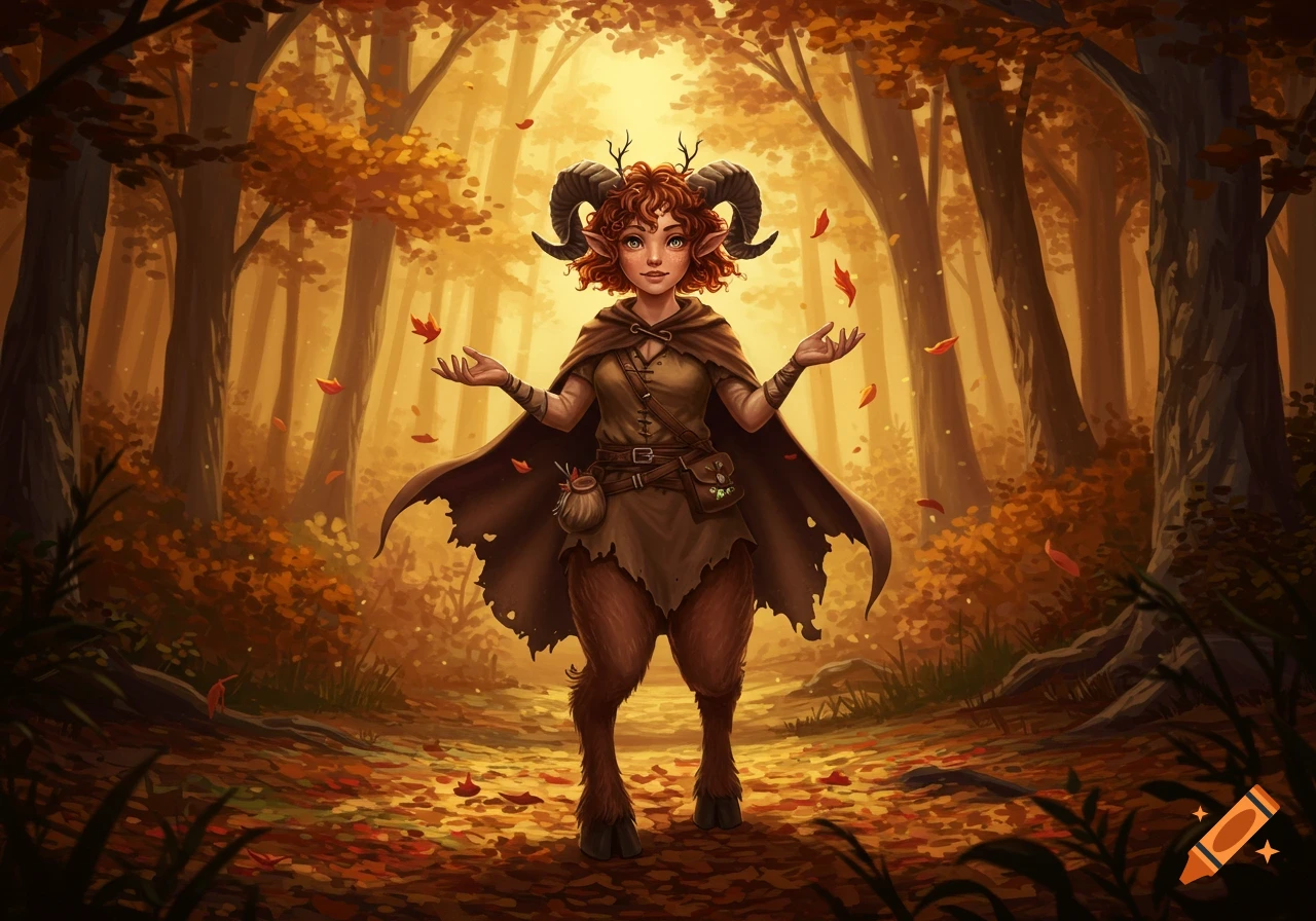 A friendly female faun with curly red hair and ram horns stands in a sunlit autumn forest, surrounded by falling orange leaves. Digital fantasy art.