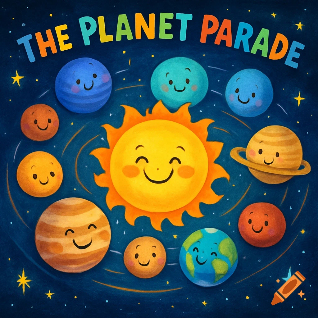 A whimsical cartoon illustration titled 'THE PLANET PARADE' featuring a smiling sun surrounded by smiling planets in starry blue space.