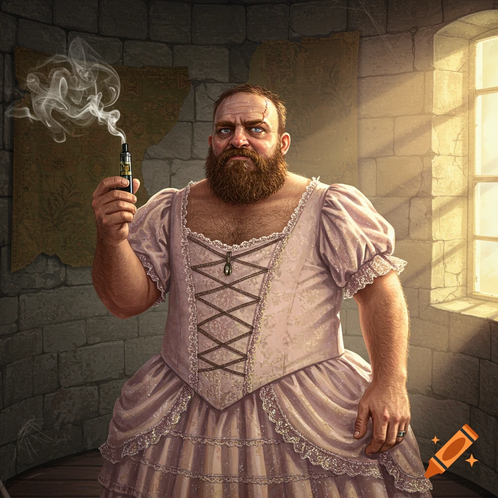 A burly bearded man with a scar, wearing a pink princess dress, holds a vaping device in a stone tower room.