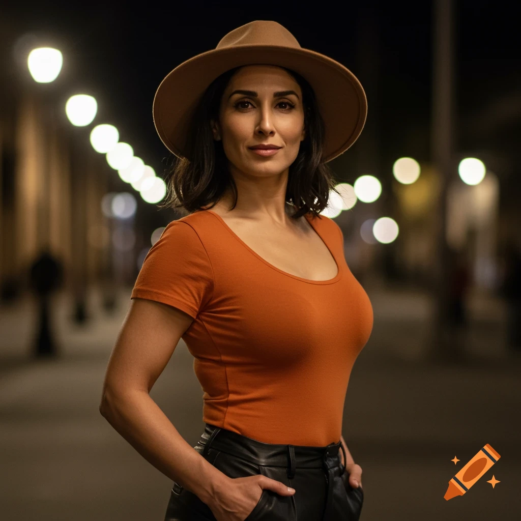A confident woman in a brown hat, orange t-shirt, and leather pants poses on a city street at night with bokeh lights.