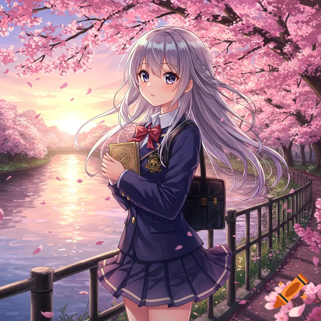 Anime girl with silver hair in a school uniform walks by a river under pink cherry blossoms at sunset, holding a book.