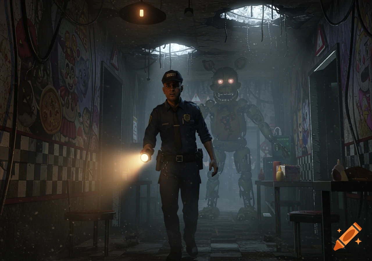 A security guard with a flashlight walks through a dark, derelict pizzeria, unaware of a glowing-eyed animatronic monster behind him.