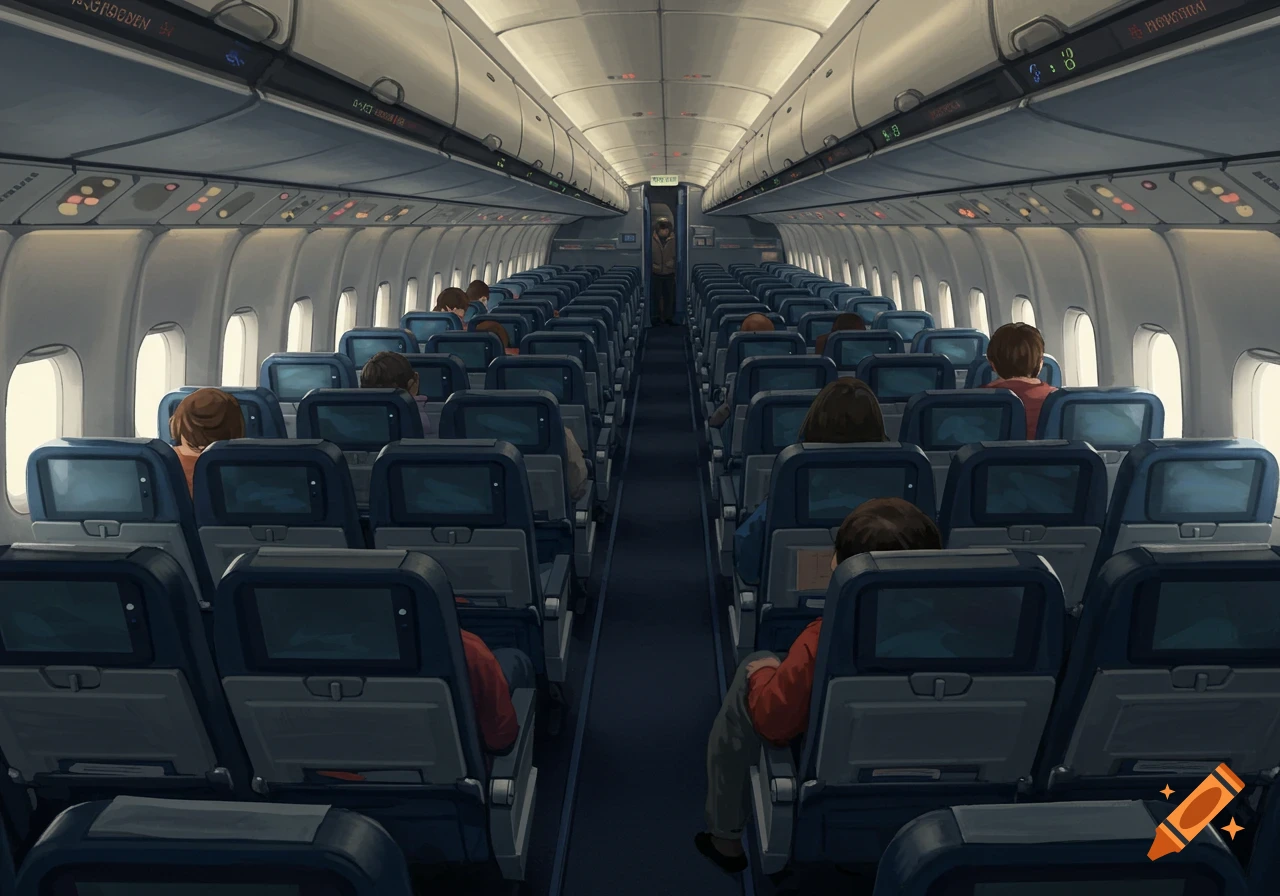 The interior of an airplane's economy class cabin, showing rows of seats with passengers viewed from the aisle.