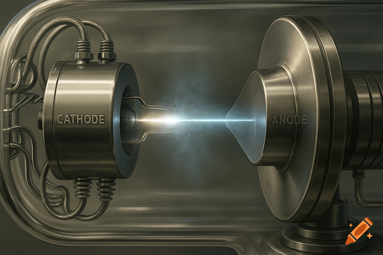 Photorealistic image of an X-ray tube's interior, showing a glowing beam between the metal cathode and anode components.
