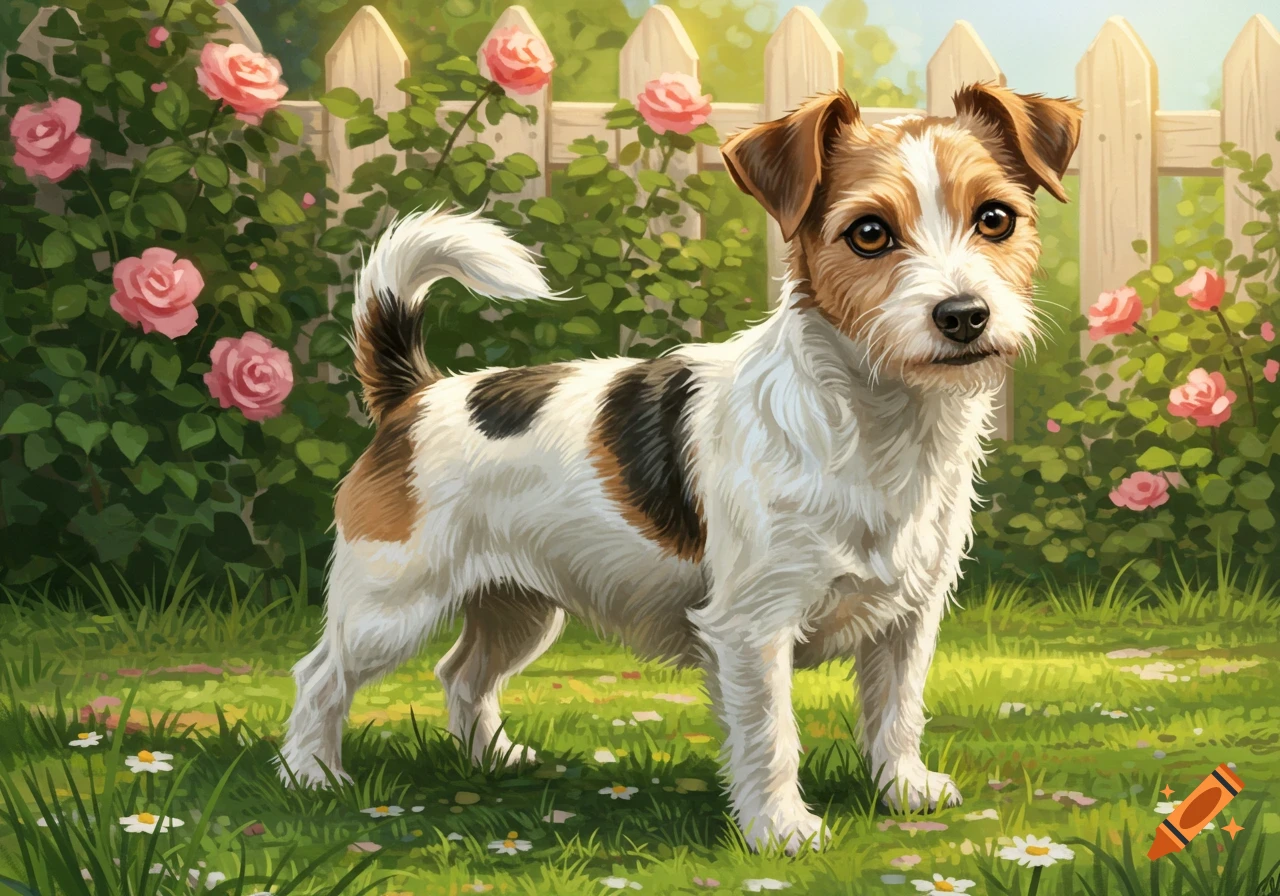 A cute Jack Russell and Yorkshire terrier mix dog stands in a grassy garden with pink roses and a white picket fence, digital painting.
