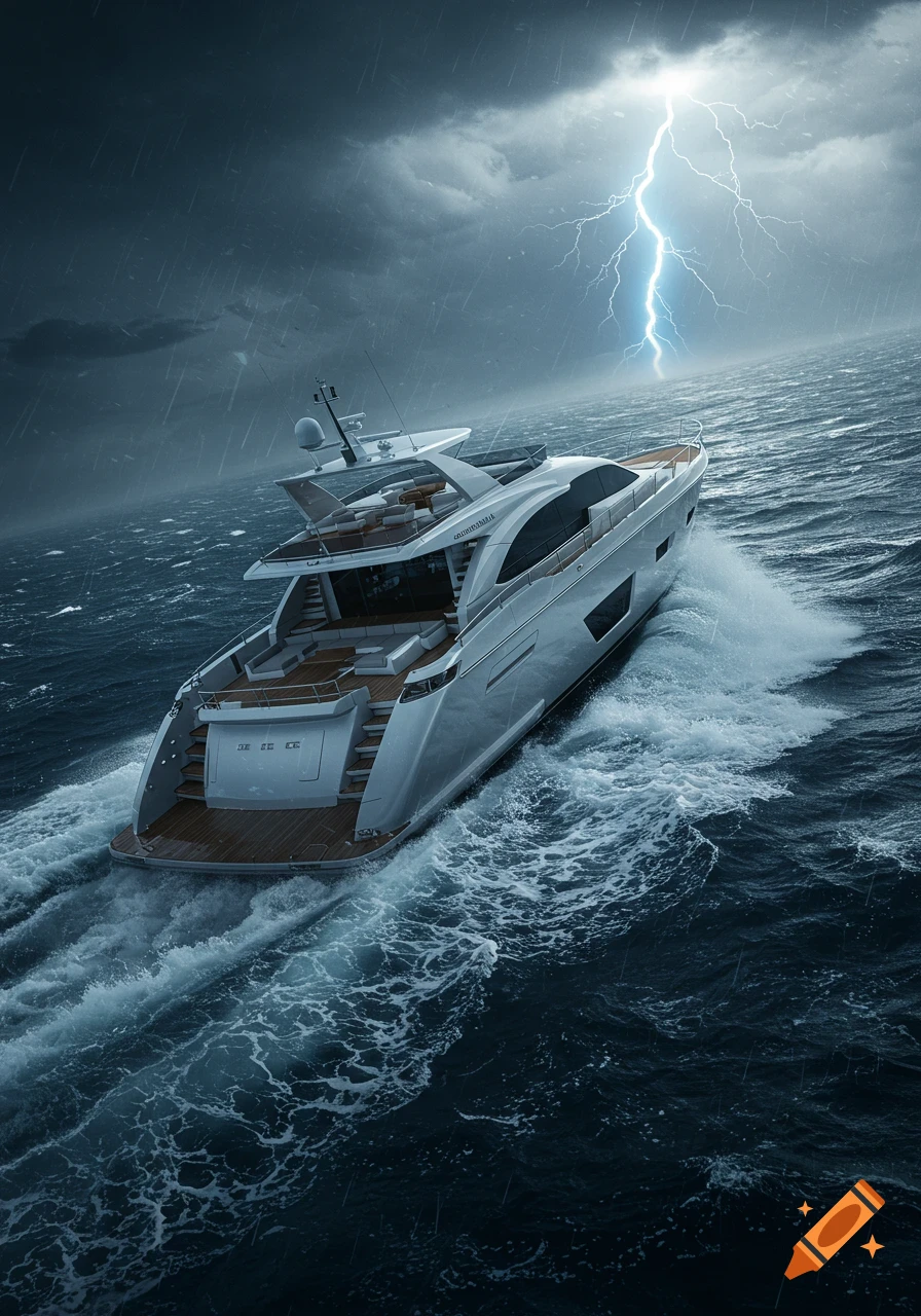 A white luxury yacht speeds through a dark, stormy ocean with heavy rain and a bright lightning strike in the sky.