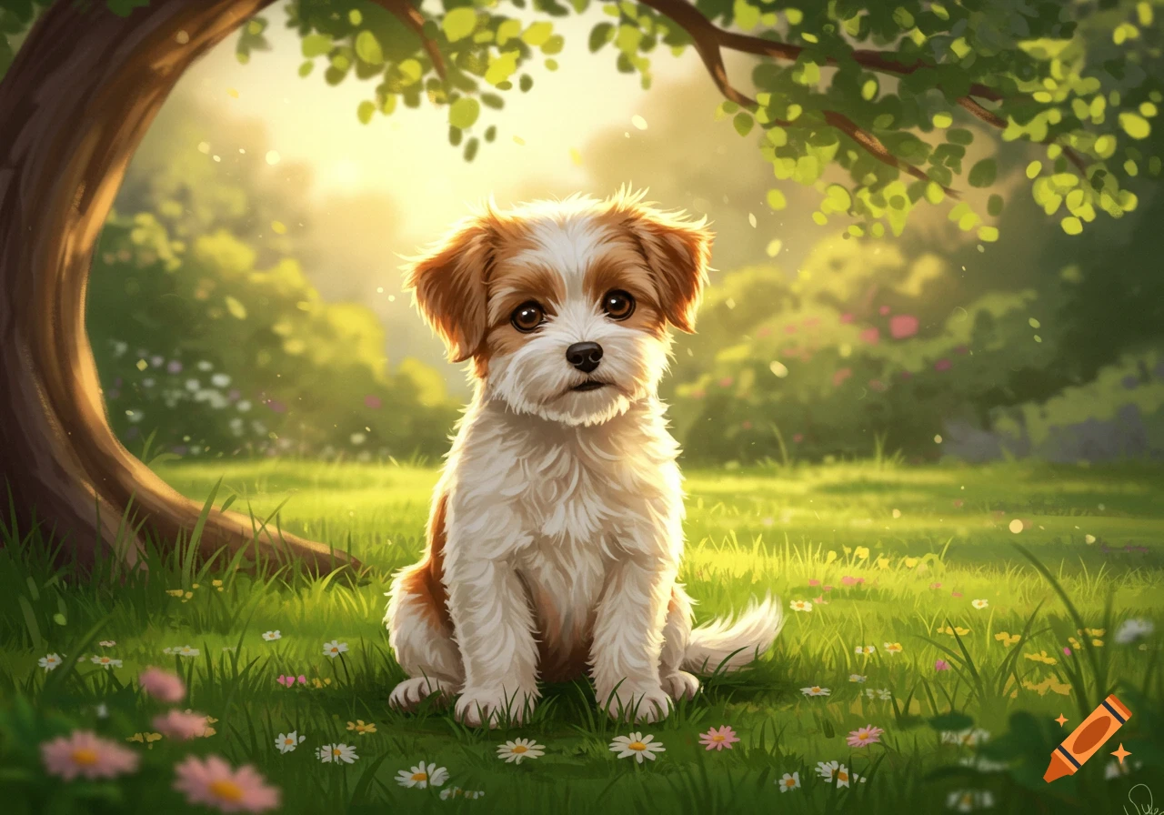 A fluffy brown and white puppy sits in a sunlit grassy park with wildflowers and a tree trunk.