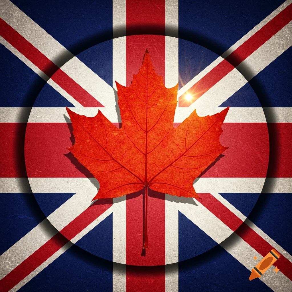A vibrant red maple leaf superimposed over a grunge-textured circular British Union Jack flag with a sun flare.