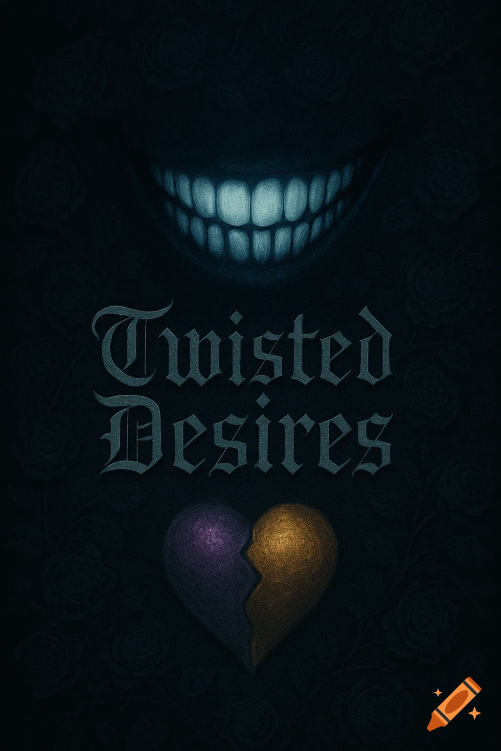 A dark gothic illustration with a creepy smile, 'Twisted Desires' text, and a split purple and gold heart, surrounded by rose patterns.