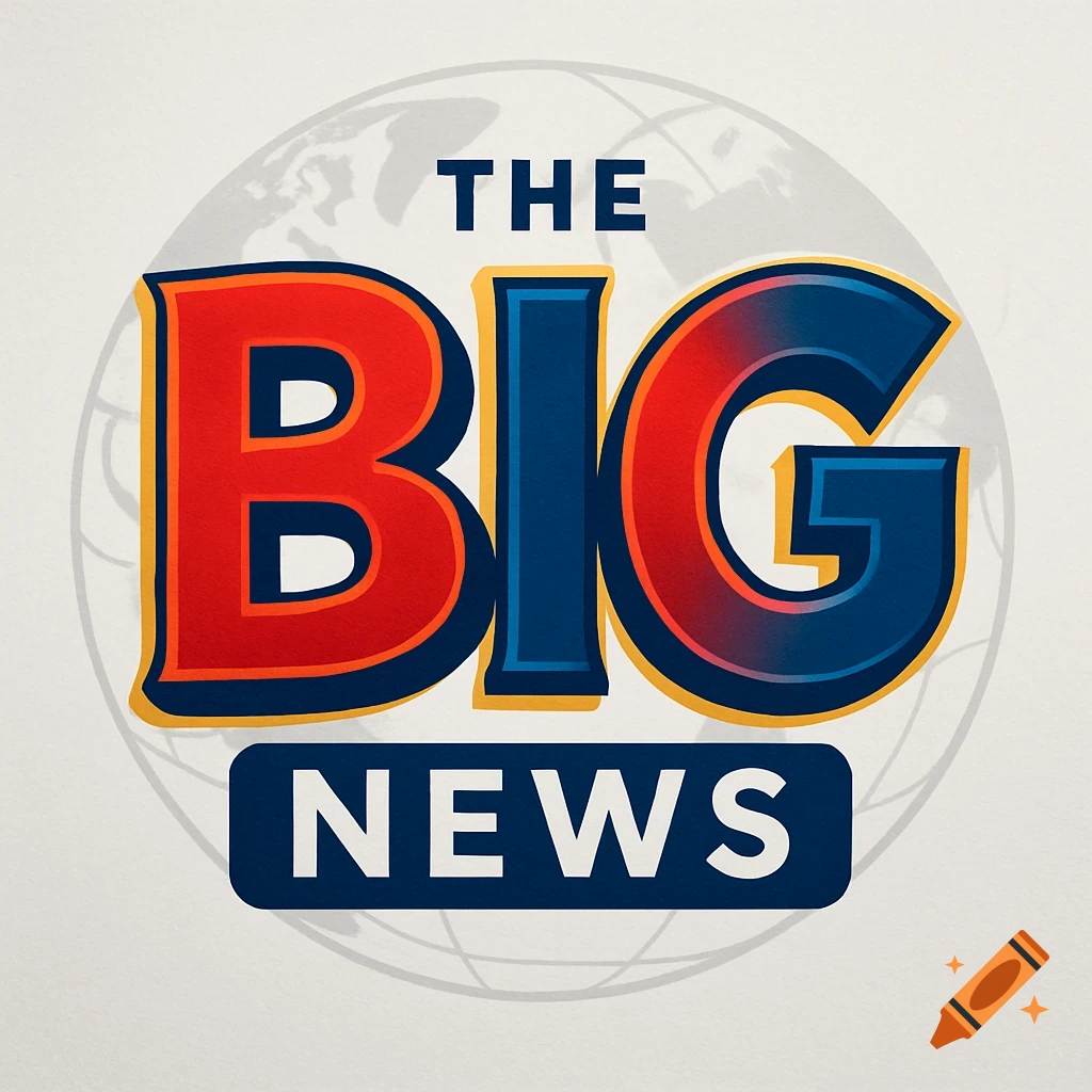 Logo for 'The Big News' show, featuring bold red and blue text over a subtle world map graphic.