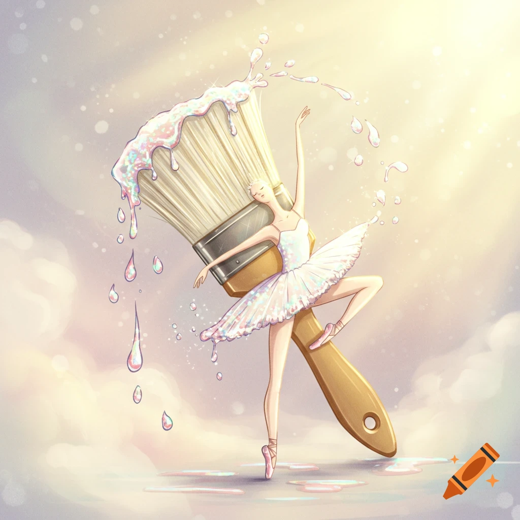 A whimsical illustration of a ballerina dancing with a giant paintbrush, with shimmering paint dripping from the bristles against a soft, luminous background.
