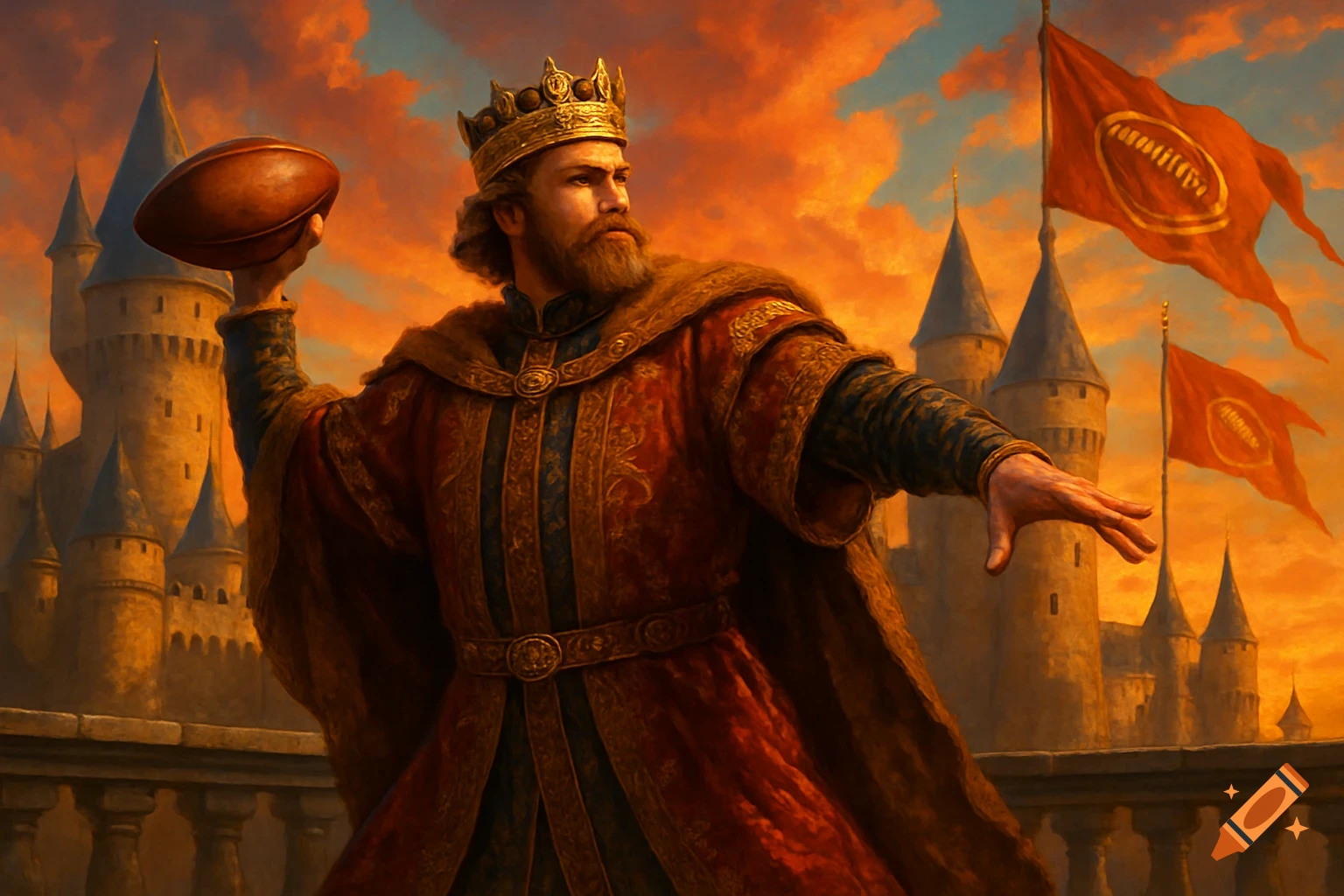 A regal king with a golden crown and beard, wearing elaborate robes, prepares to throw an American football. A castle and flags with football logos are in the background under a dramatic orange sky in a digital art style.