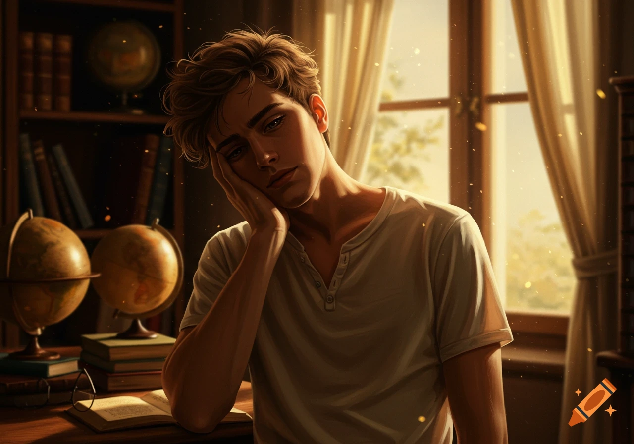 Thoughtful young man in a sunlit study with globes and books, hand on his face, in an illustrative style.