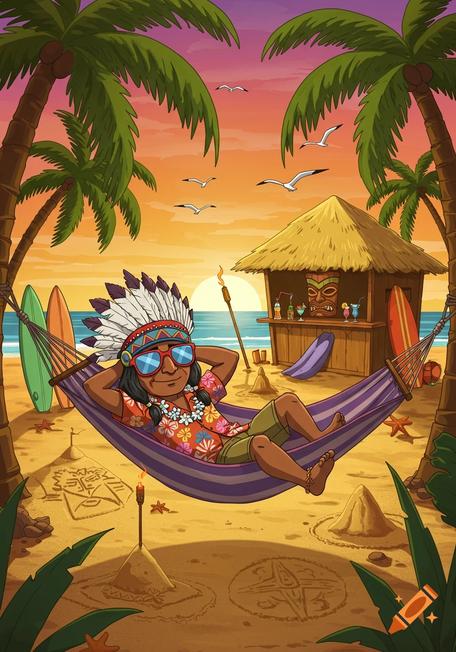 A cartoon chief mascot in a headdress, Hawaiian shirt, and sunglasses relaxes in a hammock on a tropical beach at sunset.