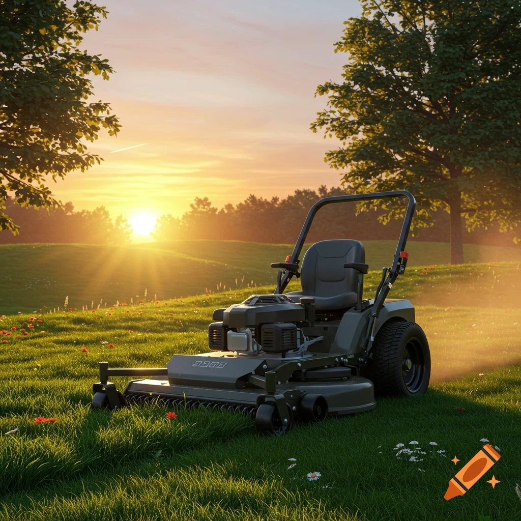 A photorealistic image of a gray lawn mower parked on a green, grassy hill at sunset, with trees and a bright sun in the background.