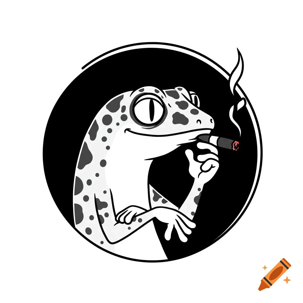 A black and white cartoon illustration of a spotted gecko smiling and smoking a lit cigar, enclosed within a black circle.