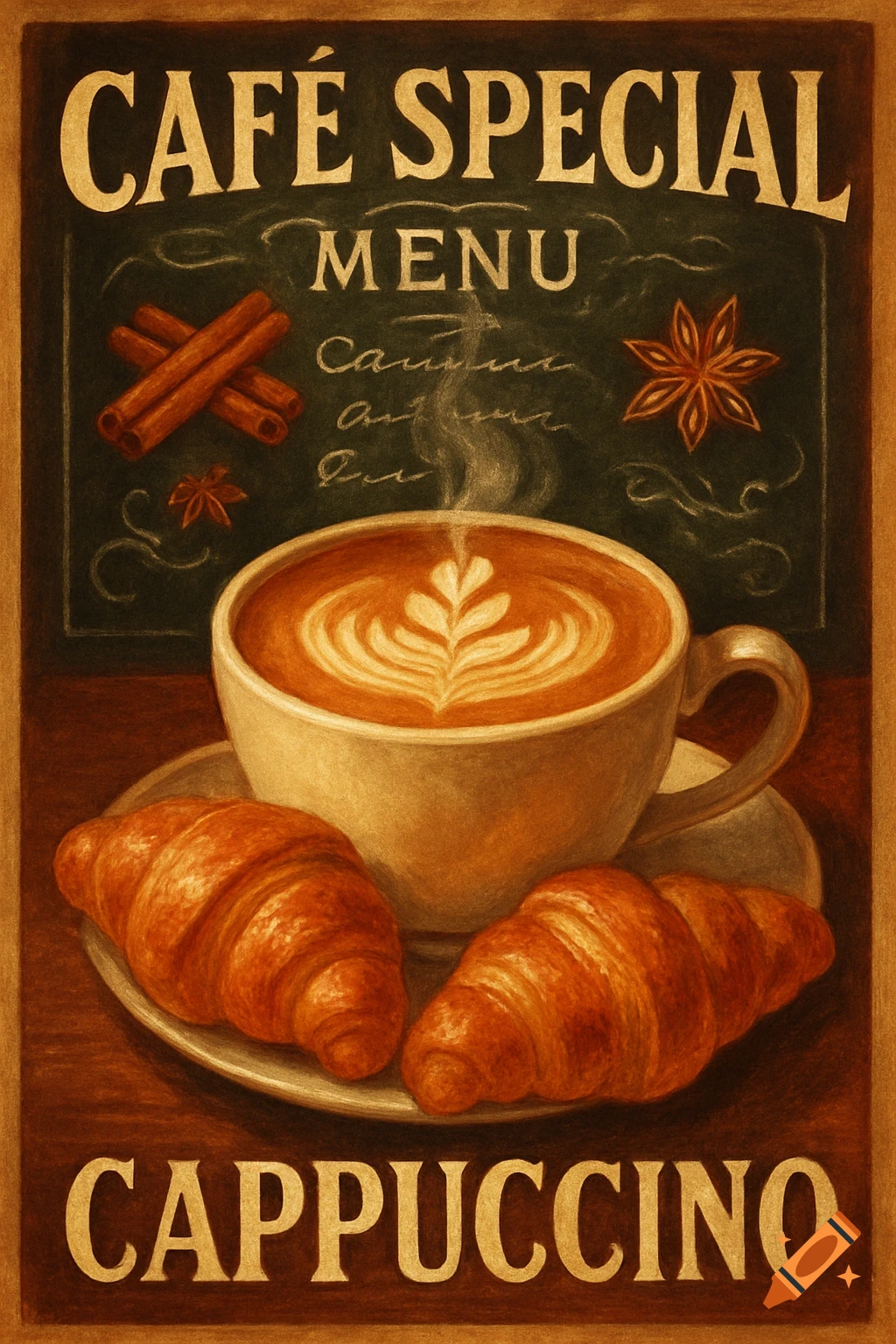 Vintage cafe special poster with cappuccino, croissants, cinnamon, and star anise on a chalkboard background in an illustrative style.