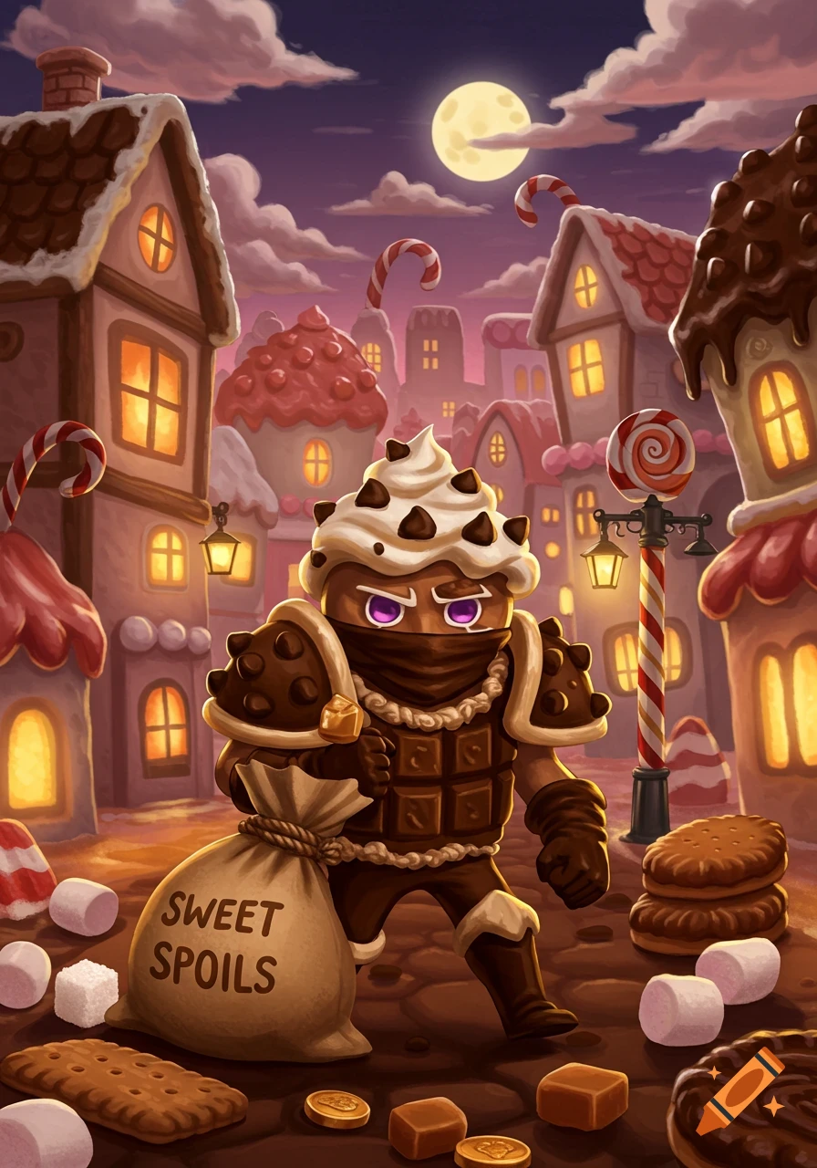 Cartoon chocolate cookie character holding a 'SWEET SPOILS' bag in a candy village at night.
