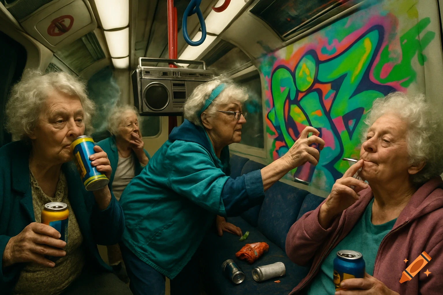 Elderly women drinking, smoking, and spray painting graffiti on a London tube train with a boombox, photorealistic style.