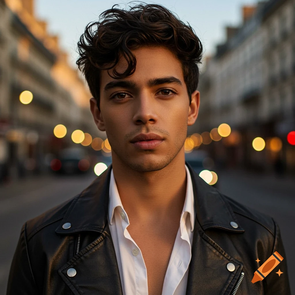 Photorealistic portrait of a handsome young man with curly hair in a black leather jacket and white shirt, on a blurry city street.