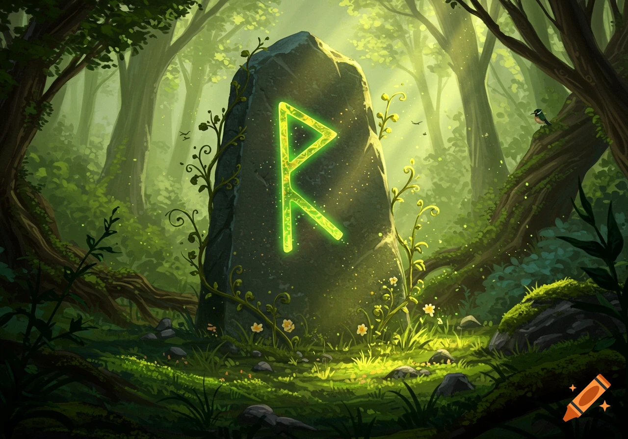 A glowing green R-rune on a stone monolith in a vibrant, mystical forest, with light filtering through the trees.