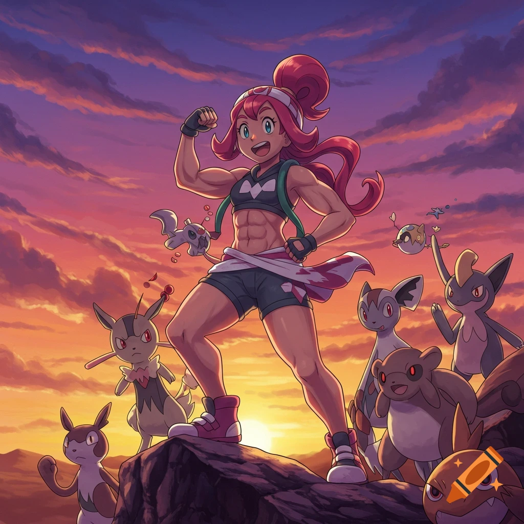 Anime girl Liko, a muscular Pokémon trainer, flexes her bicep triumphantly on a rock at sunset, surrounded by various Pokémon.