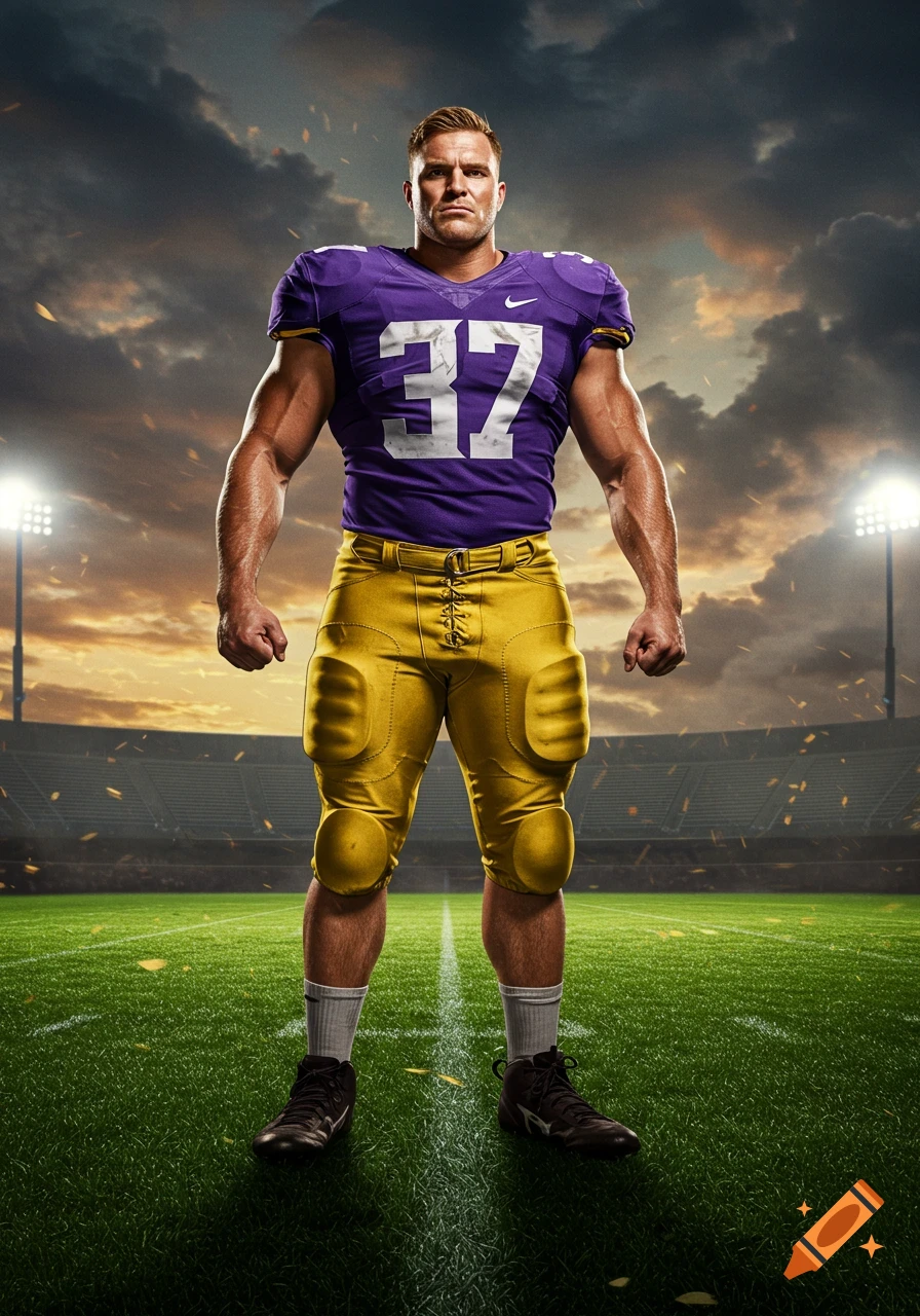 Muscular man in a purple football jersey with '37' and gold pants stands on a football field in a stadium under a dramatic sky.