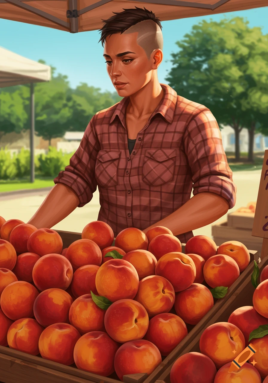Illustrative depiction of a butch woman with short hair and a plaid shirt, standing behind a wooden crate full of ripe peaches at an outdoor market.