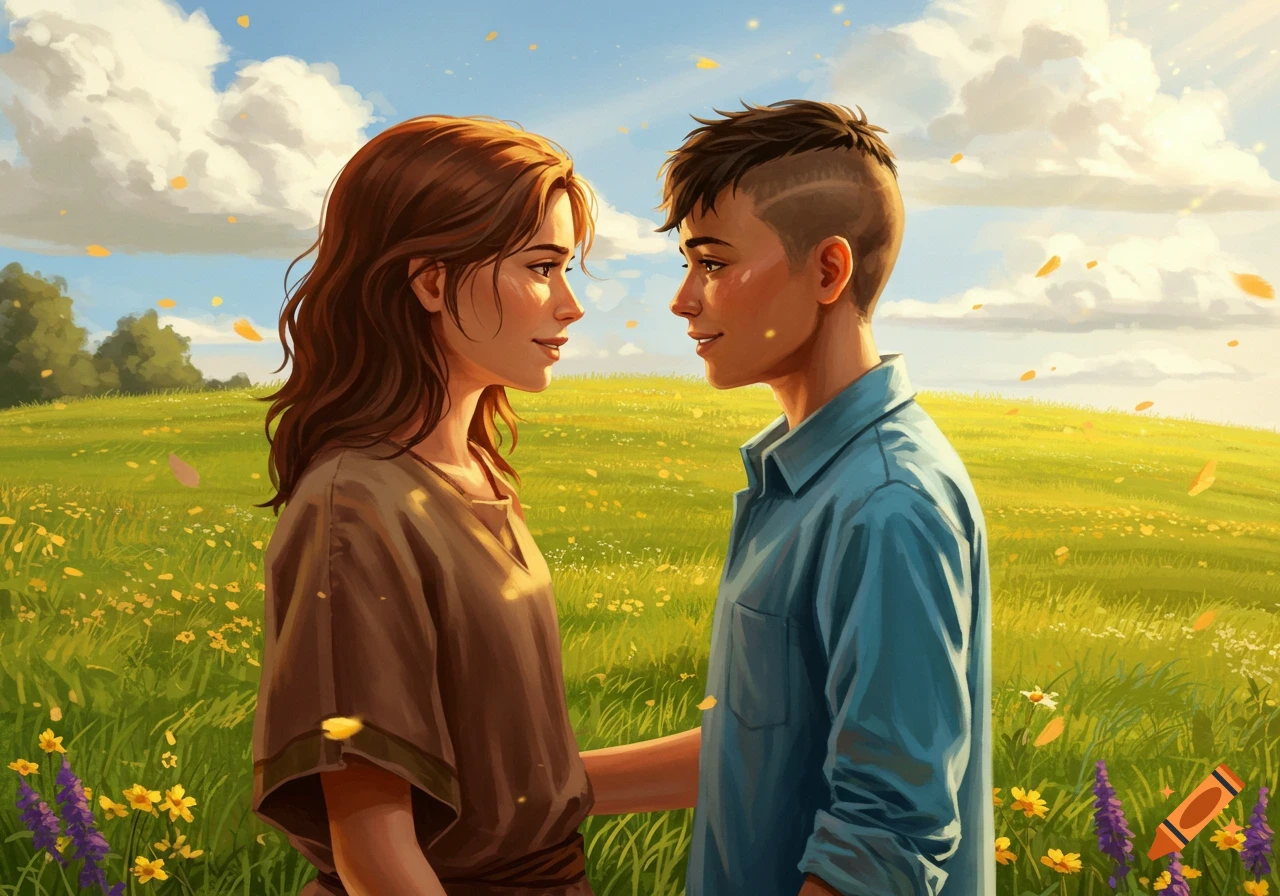 Two young people gaze at each other in a sunny, flower-filled green field under a blue sky, in an illustrative style.
