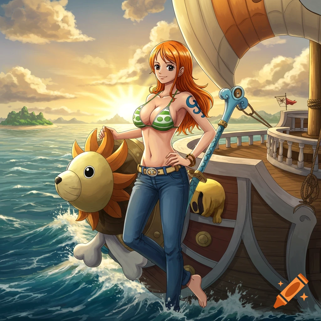 Anime character Nami on a ship, wearing a bikini top and jeans, sailing on the ocean with a sunset sky.