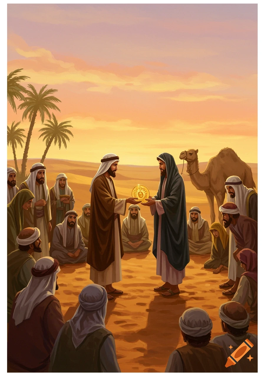 A cartoon depicting a historical desert scene with a man in robes giving a golden coin to another man, surrounded by onlookers, palm trees, and a camel.