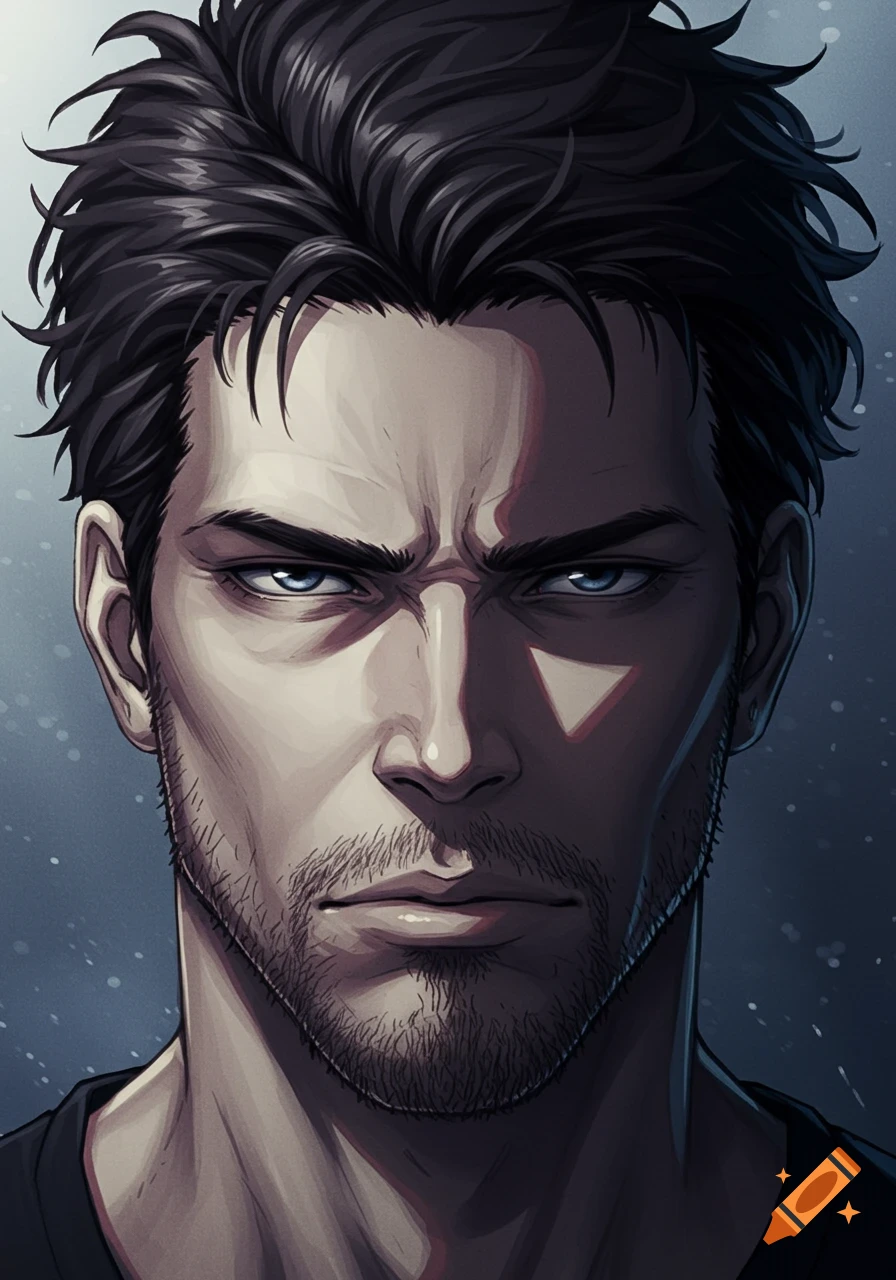 Close-up anime portrait of a brooding man with dark messy hair, a stubbled jaw, and intense blue eyes, with dramatic shadows.