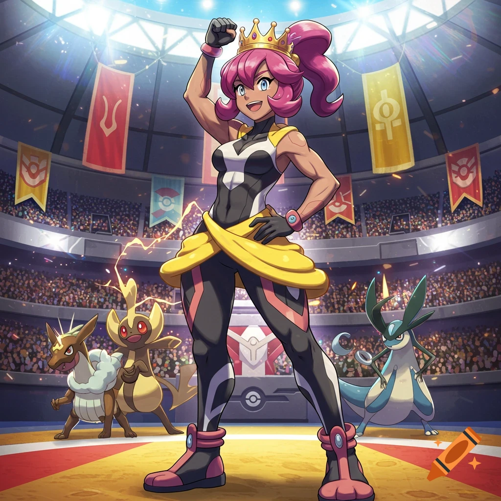 Anime-style Pokémon trainer Liko flexing in a stadium with three Pokémon on the field.