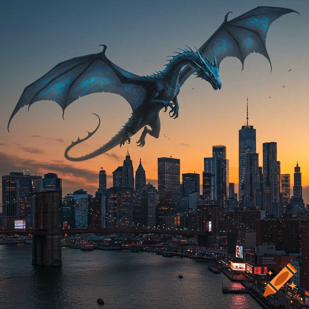A majestic blue dragon with glowing eyes and wings soars over a bustling city skyline at sunset, with a river and bridge below.